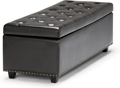 SIMPLIHOME Hamilton 48 inch Wide Transitional Rectangle Storage Ottoman in Coffee Brown Vegan Faux Leather, Assembled, For the Living Room, Entryway and Family Room