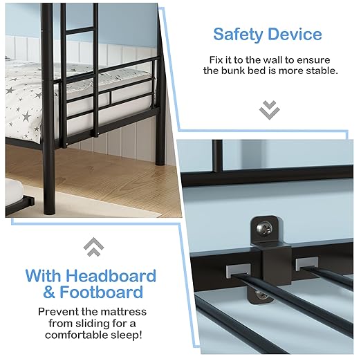 VECELO Twin Over Twin Bunk Bed with Trundle, Metal Bunkbeds with Ladder and Full-Length Guardrail, Noise Free, No Box Spring Needed, Black