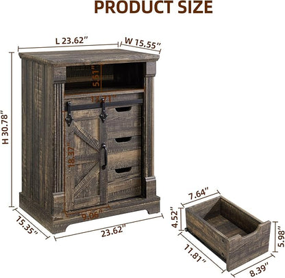 Bathroom Floor Cabinet, Farmhouse Storage Cabinet with Sliding Barn Door, Small Storage Cabinet with Drawer for Bathroom, Kitchen, Living Room, Rustic Style Cabinet (Dark Rustic Oak)