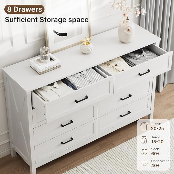 LYNSOM Farmhouse 8 Drawer Dresser for Bedroom, 55 Inch Wide Wood Rustic Chest of Drawers with X-Marking & Bar Handle, Large Storage Dressers Organizer for Bedroom, Hallway, White
