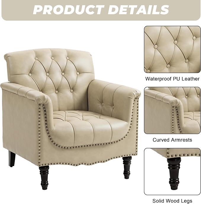 Lumibee Faux Leather Armchairs, Contemporary Accent Chairs Set of 2 with Nailhead Trims & Wood Legs for Living Room, Upholstered Comfy Arm Chairs for Office,Bedroom-Beige
