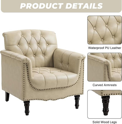 Lumibee Faux Leather Armchair, Contemporary Accent Chair with Nailhead Trims & Wood Legs for Living Room, Upholstered Comfy Arm Chair for Office,Bedroom-Beige