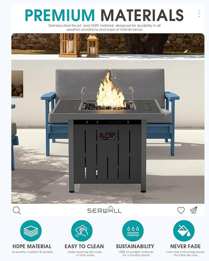 SERWALL Patio Furniture Set with 33” Fire Pit Table, HDPE Outdoor Sectional Sofa Set with Thickened Cushions, Blue Frame with Grey Cushions