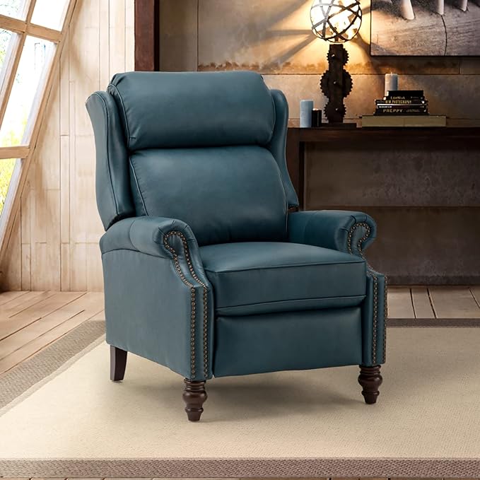 HULALA HOME Genuine Leather Recliner Chair, Traditional Manual Pushback Comfy Seating for Living Room, Thick Cushion & Solid Wood Legs, Wingback Recliner with Nailhead Trim, Turquoise