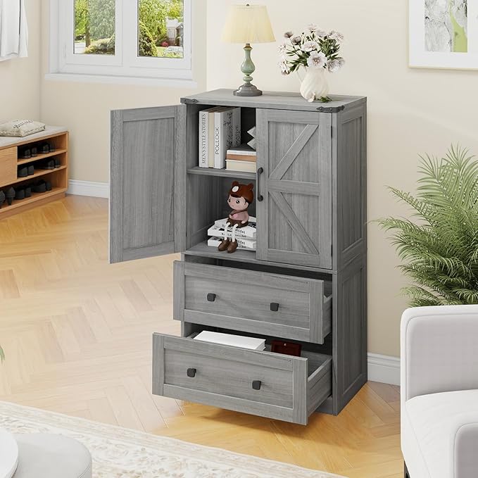 Farmhouse Bathroom Storage Cabinet with 2 Big Drawers and Barn Doors, Kitchen Pantry, Freestanding Storage Cabinet with Adjustable Shelves for Bathroom, Living Room, Kitchen (Wash Grey).