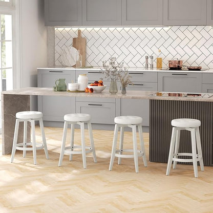 COSTWAY 360° Swivel Bar Stools Set of 2, 26-inch Height Vintage Upholstered Rubberwood Backless Bar Chairs with Footrest, Retro Kitchen Counter Stools for Kitchen Island Dining Room Home Bar, White