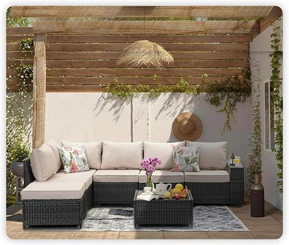 7 Pieces Patio Furniture Set All-Weather Outdoor Wicker Sectional Conversation Sofa Rattan Patio Seating Sofa with Cushion and Glass Table and Ottoman for Porch Poolside,Beige