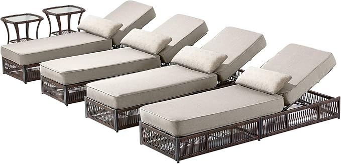Luxury Outdoor Chaise Lounge Chairs of 4 with 5 Inch Thick Cushions and Side Table - 6 PCS High Back Brown Wicker Rattan Patio Recliners Lounger Furniture Set for Poolside Sunbathing - Beige