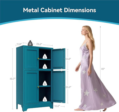 Bathroom Floor Storage Cabinet,Metal Accent Cabinets with 4 Doors and 2 Adjustable Shelves,Blue Storage Cabinets Organizer for Pantry Kitchen,Living Room,Hallway, Restroom