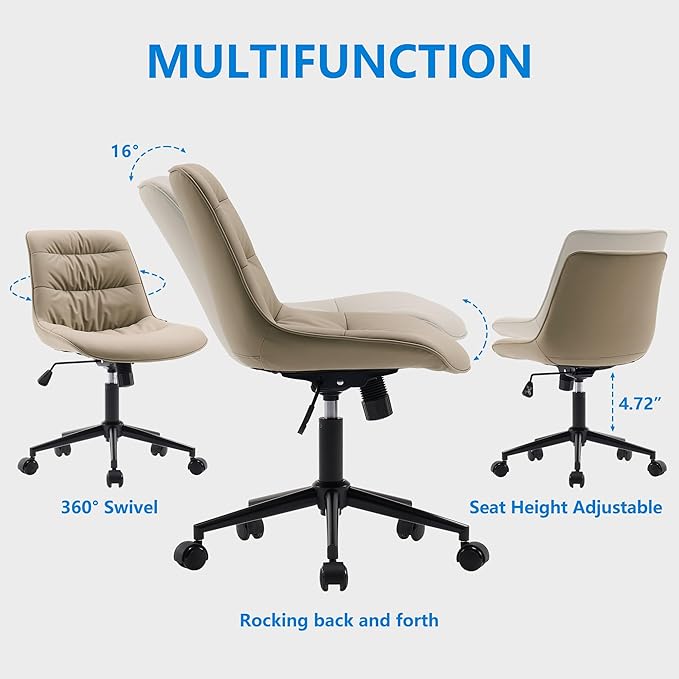 Rowill Leather Office Chair, Ergonomic Armless Desk Chair with Waterproof Cushion & Slient Wheels & SGS-Certified Class 3 Explosion-Proof Gas Lift, Ideal for Home Office, Study and Vanity(Khaki)