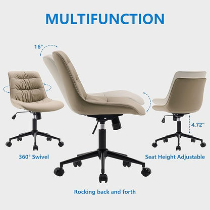 Rowill Leather Office Chair, Ergonomic Armless Desk Chair with Waterproof Cushion & Slient Wheels & SGS-Certified Class 3 Explosion-Proof Gas Lift, Ideal for Home Office, Study and Vanity(Khaki)