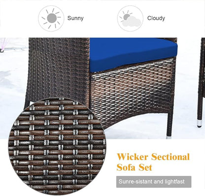 COSTWAY 4PCS Rattan Patio Furniture Set, Outdoor Wicker Rattan Chairs with Coffee Table, Rattan Cushioned Conversation Set for Backyard Balcony Porch Poolside, Navy