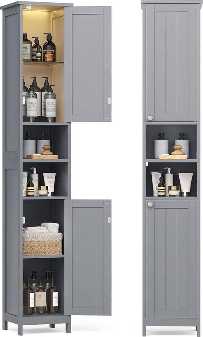 VASAGLE Tall Storage Cabinet with Lights, Slim Freestanding Cabinet with Adjustable Shelves, for Small Spaces, Bathroom, Living Room, Modern, 11.8 Inches Wide, Dove Gray UBBC566G02