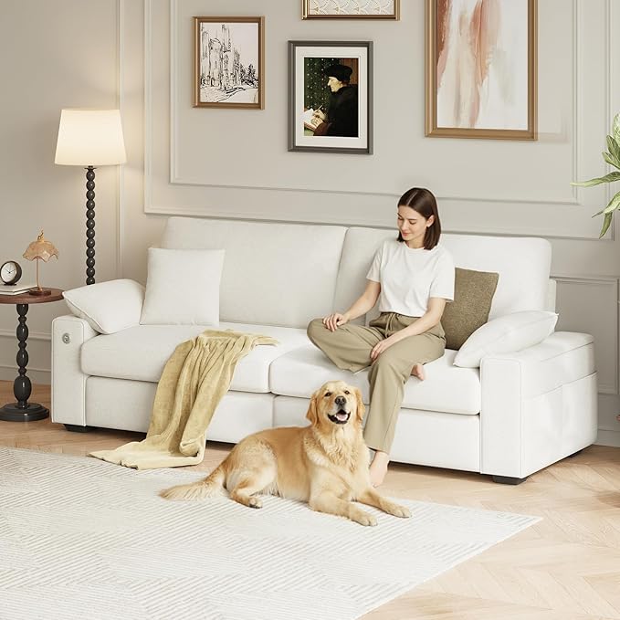 89" Loveseat Sofa, Cloud Foam Couch, 3 Seater Upholstered Midcentury Mondern Love Seat with USB Type C Ports, 4 Pillows and Flip-Open Storage Armrest for Living Room/Small Spaces, Beige