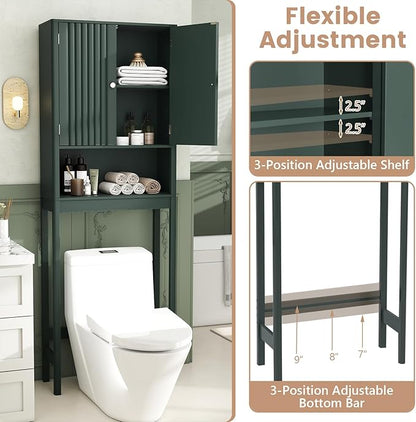 Tangkula Over The Toilet Storage Cabinet, Bathroom Space Saver with Fluted Doors Adjustable Shelf & Bottom Bar, Freestanding Above Toilet Storage Cabinet Organizer for Laundry, Restroom (Forest Green)