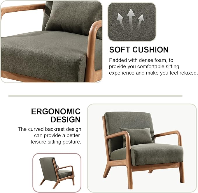 Accent Chair Mid Century Modern Chair Linen Fabric Living Room Chairs with Solid Wood Frame Comfy Upholstered and Lumbar Pillow Reading Side Chair Easy Assembly for Bedroom Room (1, Linen Green)