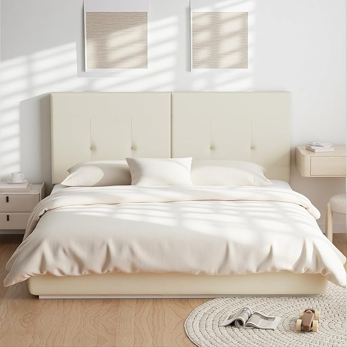 Upholstered King Size Headboard, Headboard King with Sturdy Metal Legs, Tufted Upholstery Design Bed Headboards with Adjustable Width & Height (Ivory)