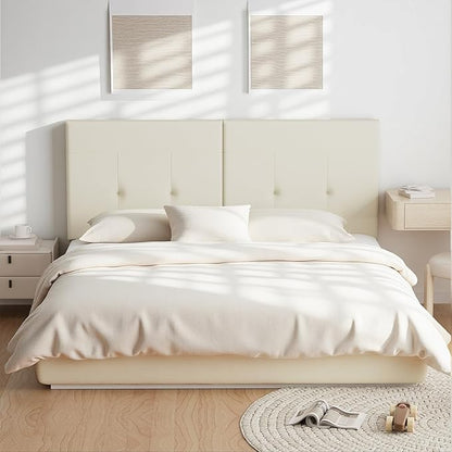 Headboard Queen Size Upholstered Faux Leather, Queen Headboard with Sturdy Metal Legs, Tufted Upholstery Design Headboards with Adjustable Width & Height (Ivory)