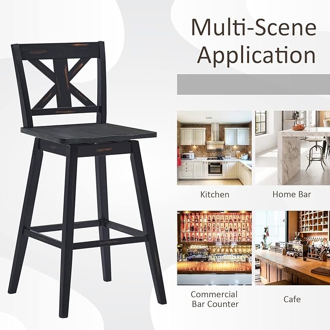 COSTWAY Bar Stools Set of 2, 360 Degree Swivel, 29-inch Height Chairs w/Non-Slip Foot Pads, Rubber Wood Bar Chairs, Vintage Bar Stools for Home, Restaurant (Black)