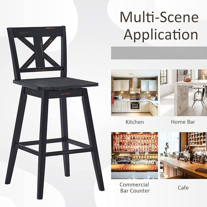 COSTWAY Bar Stools Set of 2, 360 Degree Swivel, 29-inch Height Chairs w/Non-Slip Foot Pads, Rubber Wood Bar Chairs, Vintage Bar Stools for Home, Restaurant (Black)
