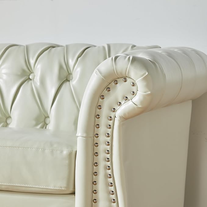 LEVNARY Leather Sofa, Chesterfield Tufted Upholstered 2 Seater Couch, Modern Loveseat Couch Classic Furniture for Living Room Bedroom (Cream White)