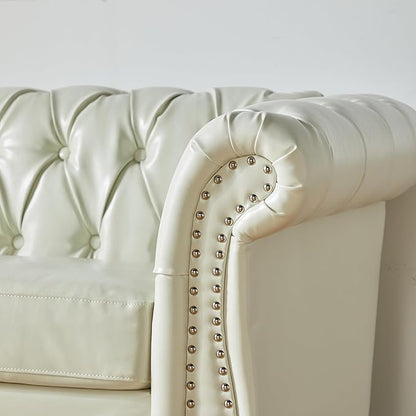 LEVNARY Leather Sofa, Chesterfield Tufted Upholstered 2 Seater Couch, Modern Loveseat Couch Classic Furniture for Living Room Bedroom (Cream White)