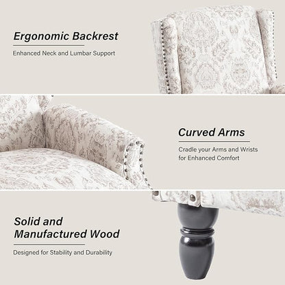 Accent Chair, Upholstered High Back Floral Armchair with Nailhead Trim & Wood Legs, Comfy Wingback Reading Single Sofa Chair for Small Spaces, Living Room, Bedroom