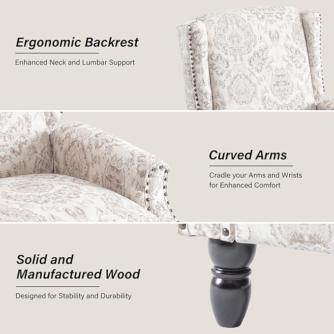 Recliner Chair, Upholstered Wingback Floral Pushback Armchair with Adjustable Backrest & Footrest, Comfy Accent Chair Reading Single Sofa for Small Spaces, Living Room, Bedroom (Beige, Set of 1)