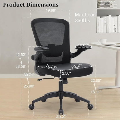 Office Chair Ergonomic, 350lbs Desk Chair Comfy with PU Leather Seat Cushion, Mesh Swivel Computer Chair with Flip-up Armrests Lumbar Support and Height Adjustable for Home Office