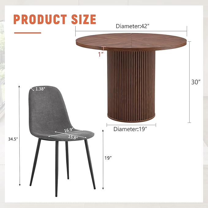 42" Round Dining Table Set for 4 with Storage, 5 Piece Round Dining Table Set with Fabric Chairs, Round Kitchen Table and Chairs for 4 with Thick Wood Top, Roman Column Pedestal, Space-Saving