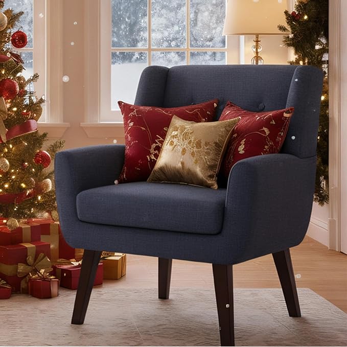 HUIMO Accent Chair Living Room Chair, Upholstered Button Tufted Armchair, Linen Fabric Sofa Chairs for Bedroom, Living Room, Mid Century Modern Comfy Reading Chair (Dark Blue)