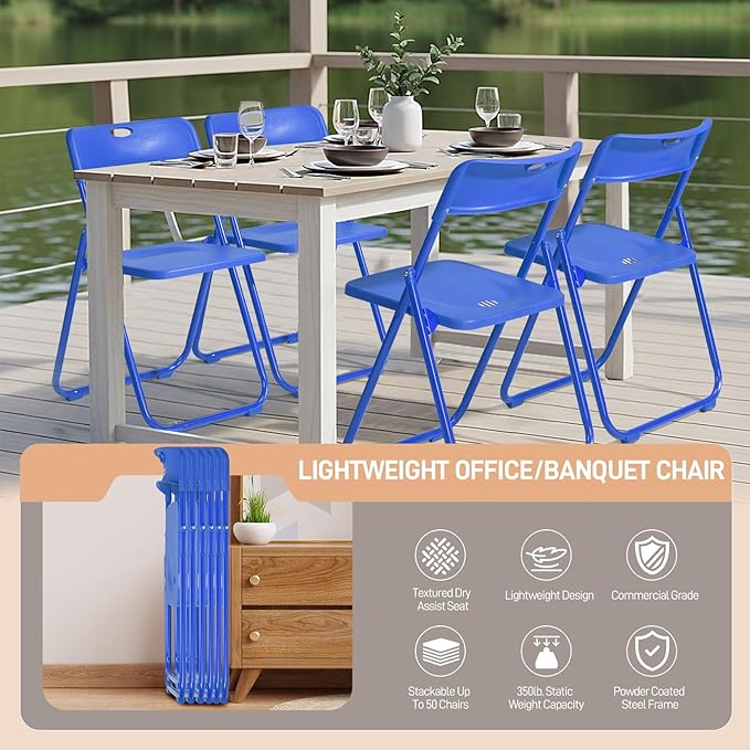 Karl home 4 Pcs Folding Chair, 300LBS Lightweight Foldable Plastic Chair, Reinforced Metal Frame Easy to Fold & Store for Indoor & Outdoor, Wedding, Party, Meeting Room, Patio and Garden, Blue