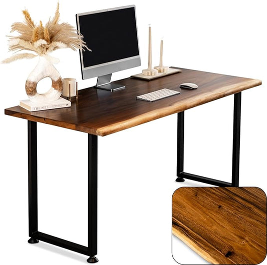 Solid Walnut Wood Computer Desk – Live Edge Wooden Home Office Desk with Sturdy Metal Legs – Handmade Real Wood Table for Work, Study, or Gaming - 60” x 27”