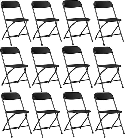 12 Pack Black Plastic Folding Chairs, Portable Party Chairs, Stackable Commercial Seats with Steel Frame for Home Office Wedding Party Indoor Outdoor Events Chairs, 350lbs Capacity