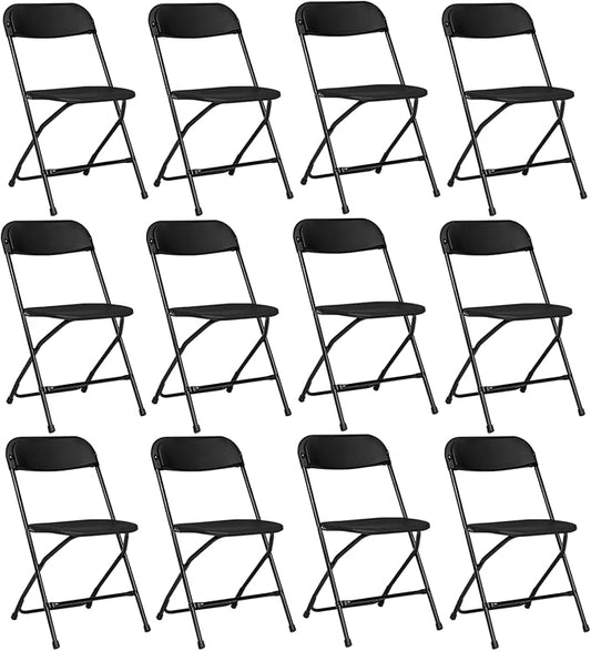 12 Pack Black Plastic Folding Chairs, Portable Party Chairs, Stackable Commercial Seats with Steel Frame for Home Office Wedding Party Indoor Outdoor Events Chairs, 350lbs Capacity