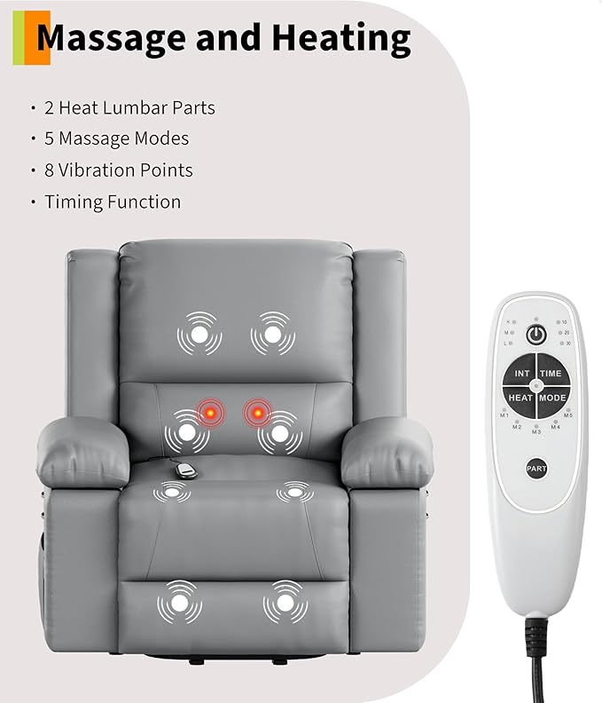 GarveeHome Power Lift Recliner Chair - Heat and Massage, Faux PU Electric Lift Recliner for Elderly & Mobility Impaired, Adjustable Back and Legs, Heavy Duty Lift Chair for Seniors