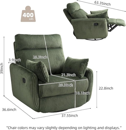 Swivel Recliner Chair for Adults, Corduroy Nursery Glider Rocking Chair, Armchair with 2 Pillows, Comfy High Back Reclining for Small Spaces, Nursery Bedroom Living Room (Corduroy Green, 1 Pack)