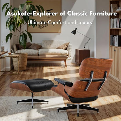 Top Black Grain Leather, Mid Century Chaise Lounge Chair and Ottoman, Leather Accent Chair, Modern Reading Chair, Classic Design, Heavy Duty Base Support for Living Room Lounge Office, Palisander