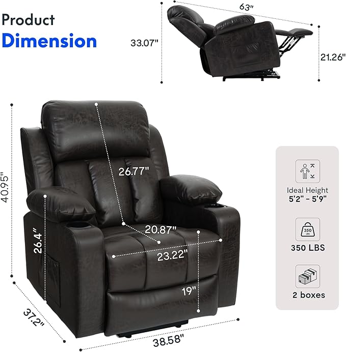 FLEXISPOT XL31-L Power Lift Recliner Chair for Elderly, Electric Lift Chair with Massage & Heat, PU Leather Reclining Sofa with Cup Holders, Side Pockets for Living Room Bedroom(Large Size, Charcoal)