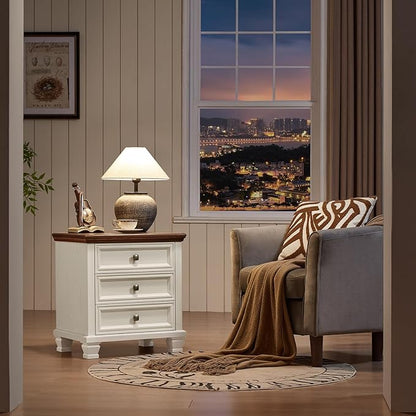 Farmhouse Nightstand with 3 Drawers, Rustic Couch End Table with 4 Square Solid Wood Legs, Mid-Century Modern Bed Side Table with Storage, Small Dresser for Bedroom, Living Room, White