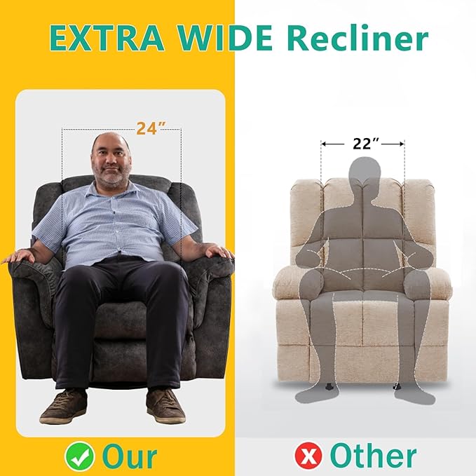ANJ 2PCS Oversized Rocker Recliner Chairs Set, Manual 360° Swivel Recliners, Comfy Glider Rocking Chairs for Big Man, Extra Wide Overstuffed Reclining Chairs with Side Pocket for Living Room, Grey