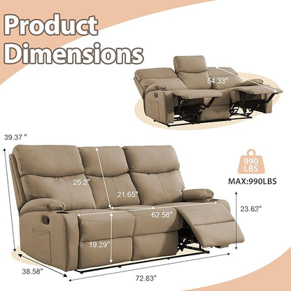 3-Seater Manual Seater Reclining Anti-Scratch 3 Seat Reclining Sofa with Side Pocket and Cupholders Reclining Loveseat Sofa for Living Room Meeting Room Bedroom Office Apartment