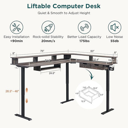 RedLemon 75X60 Inches L Shaped Electric Standing Desk,Height Adjustable Corner Gaming Desk with Drawers, Keyboard Tray, Power Outlets & LED Lights, Computer Desk with Monitor Shelf, Dark Rustic Oak