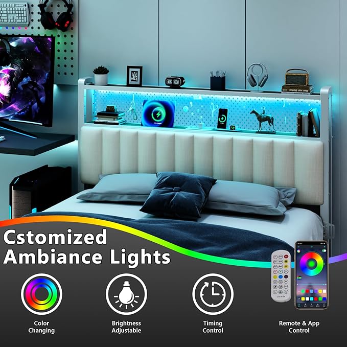 VINGLI Full Size Headboard Only, Adjustable Upholstered Headboard with 2 Tier Shelves and Pegboard with Charging Stations and LED Lights, Modern Bed Headboard with Storage for Bedroom Decor