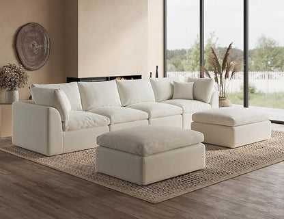 Oversized Cloud Sectional Couches for Living Room, Boneless U Shaped Couch with Ottoman, 4 Seater Modular Sectional Sofa, Warm White