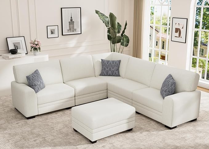Wanderwell Oversized Modular Sectional Sofa, 6-Seater U Shaped Couches with Movable Ottoman,Corduroy Sectional Couch with Wide and Deep Seats Suitable for Living Room,Bedroom,Apartment (Cream, L-6)