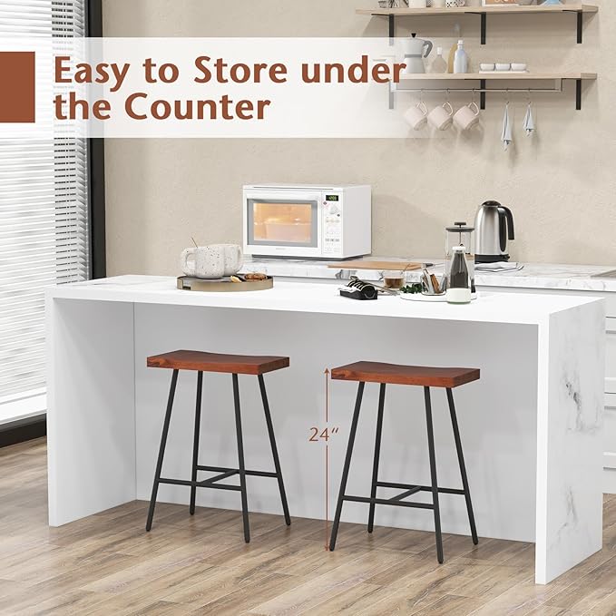 COSTWAY Industrial Bar Stools, 24-inch Backless Counter Height Saddle Stools with Footrest, Metal Legs, Adjustable Foot Pads, Barstools for Kitchen Island Cafe Restaurant, Walnut+Black (Set of 4)