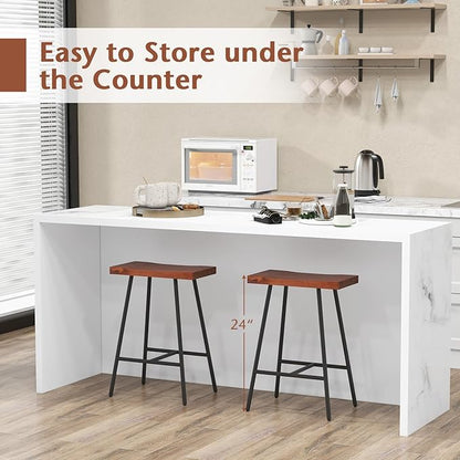 COSTWAY Industrial Bar Stools, 24-inch Backless Counter Height Saddle Stools with Footrest, Metal Legs, Adjustable Foot Pads, Barstools for Kitchen Island Cafe Restaurant, Walnut+Black (Set of 2)