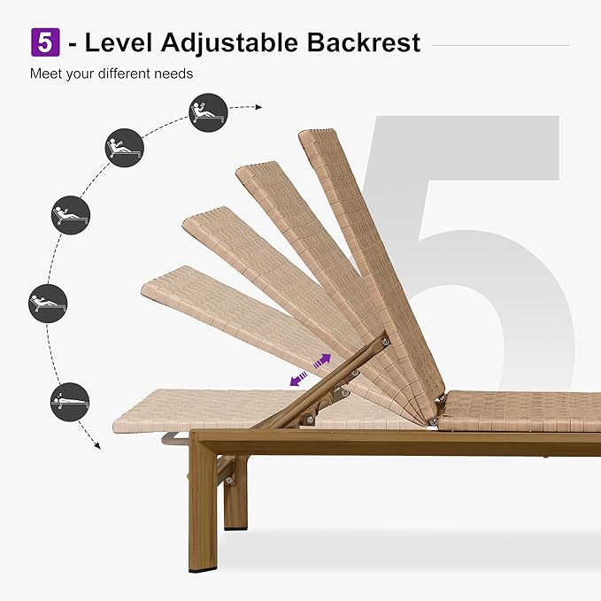 PURPLE LEAF Patio Chaise Lounge Rattan Chair Set of 2 Outdoor Pool Adjustable Recliner Wicker Chairs for Outside Woven Furniture Tanning Poolside Lounger Sand Brown