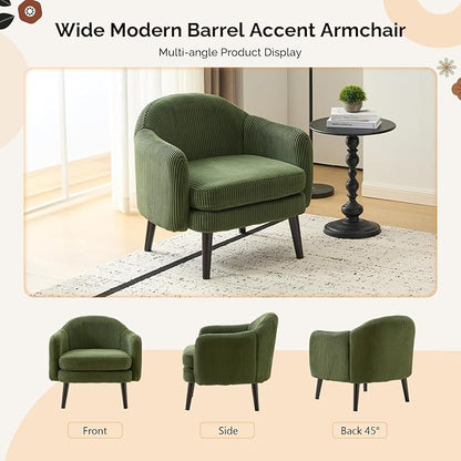 VINGLI 30.3" Wide Modern Barrel Accent Armchair with Track Armrest, Solid Wooden Legs, Comfy Upholstered Club Chair,Round Single Home Sofa for Living Room, Bedroom, Reading Room, Corduroy Green